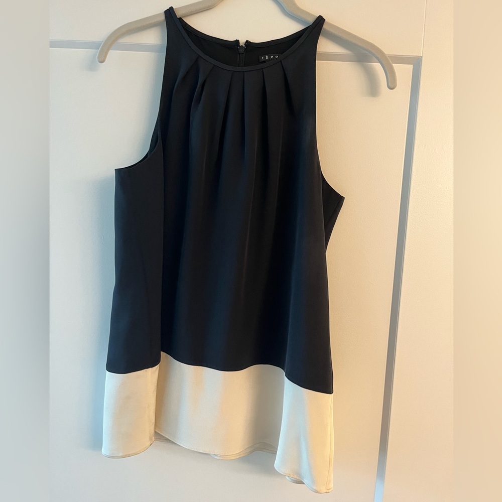 Theory Black and Cream Pleated Blouse